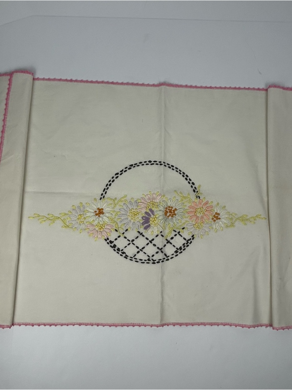 Vintage Embroidered Floral Basket Table Runner Cream Pastel Florals Cottagecore